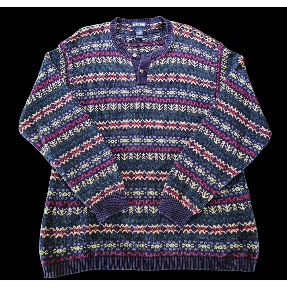 Vtg Lands End Sweater Mens XL Henley Rugby Multicolor Knit Made In USA Nordic